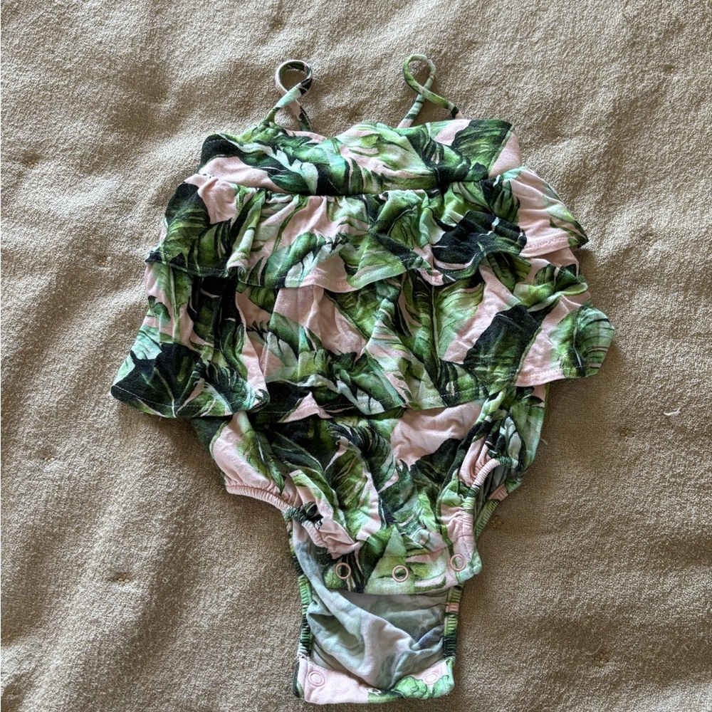 Posh Peanut Pink & Green Leaf Ruffle Baby One-Piece